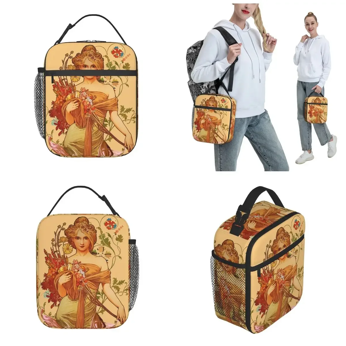 Mucha Floral Goddess And Flowers Merch Insulated Lunch Bag For School Storage Food Boxes Portable Cooler Thermal Lunch Boxes