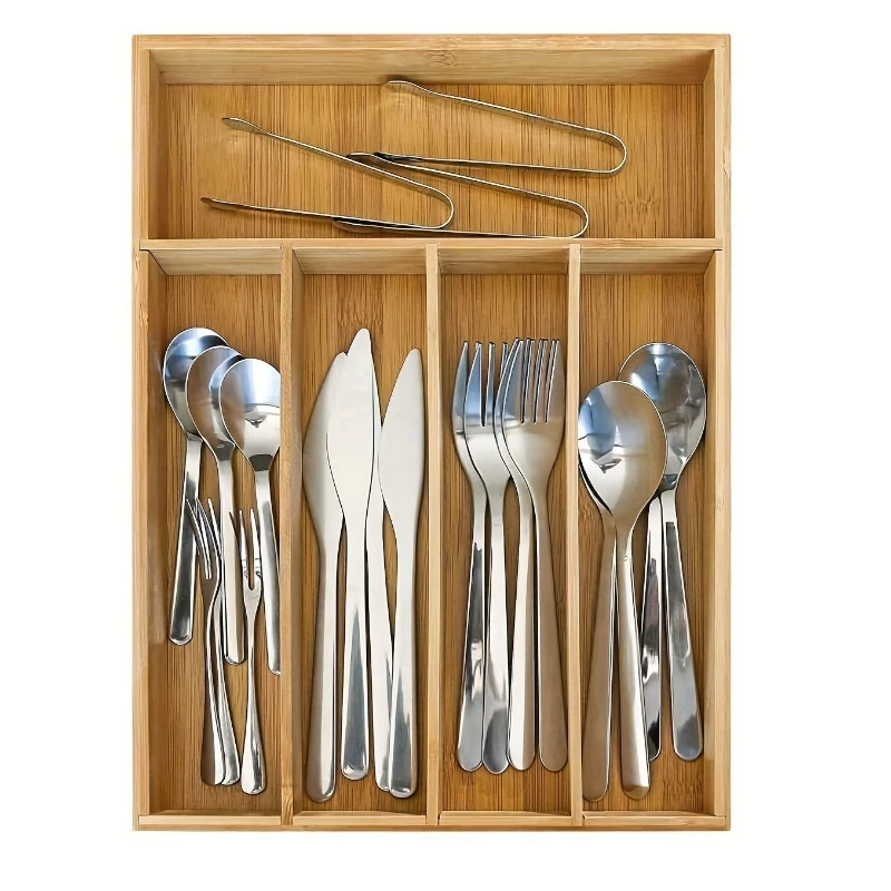 

New Japanese Style Bamboo Cutlery Tray 5 Compartments Kitchen Drawer Organizer for Utensils Stationery Storage