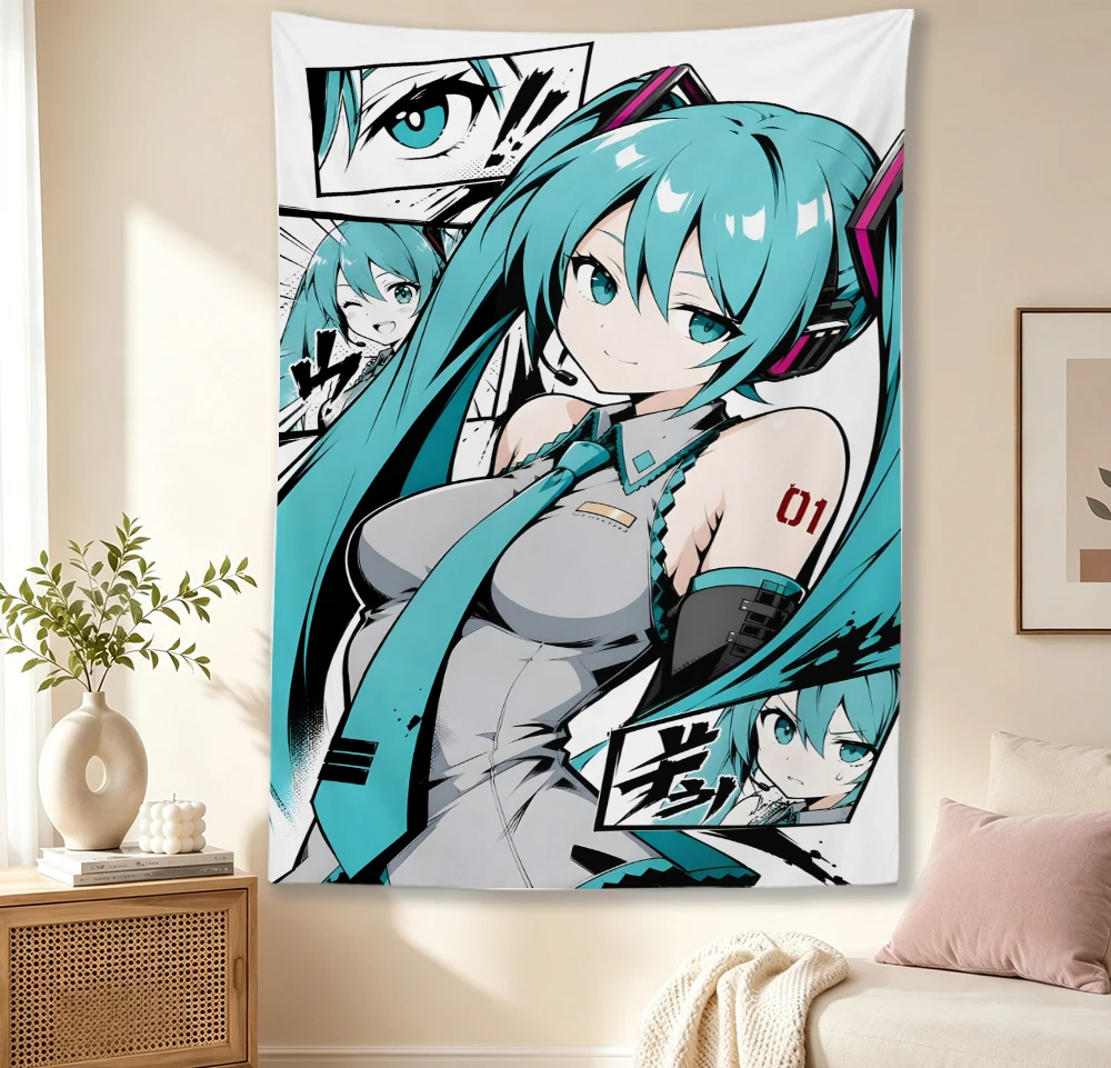 Hatsune Miku Themed Wall Decor Tapestry, Anime Comic Frame Design Wall Tapestry, Otaku Room Decor Collectible Gift for Anime