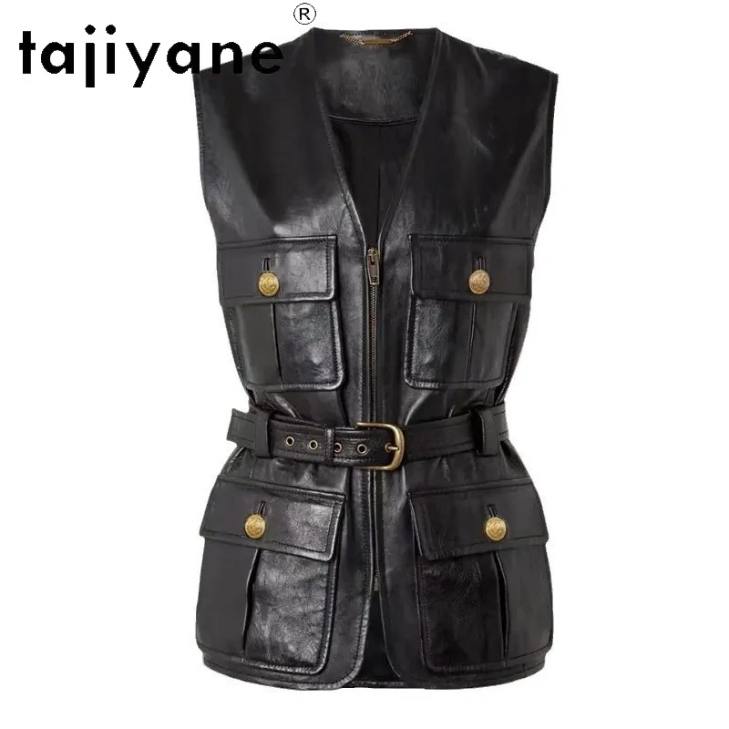 TAJIYANE Oil Wax Goatskin Leather Vest Genuine Leather Jacket Women Waistcoat with Belt Jackets V-neck Mid-length Veste Femme