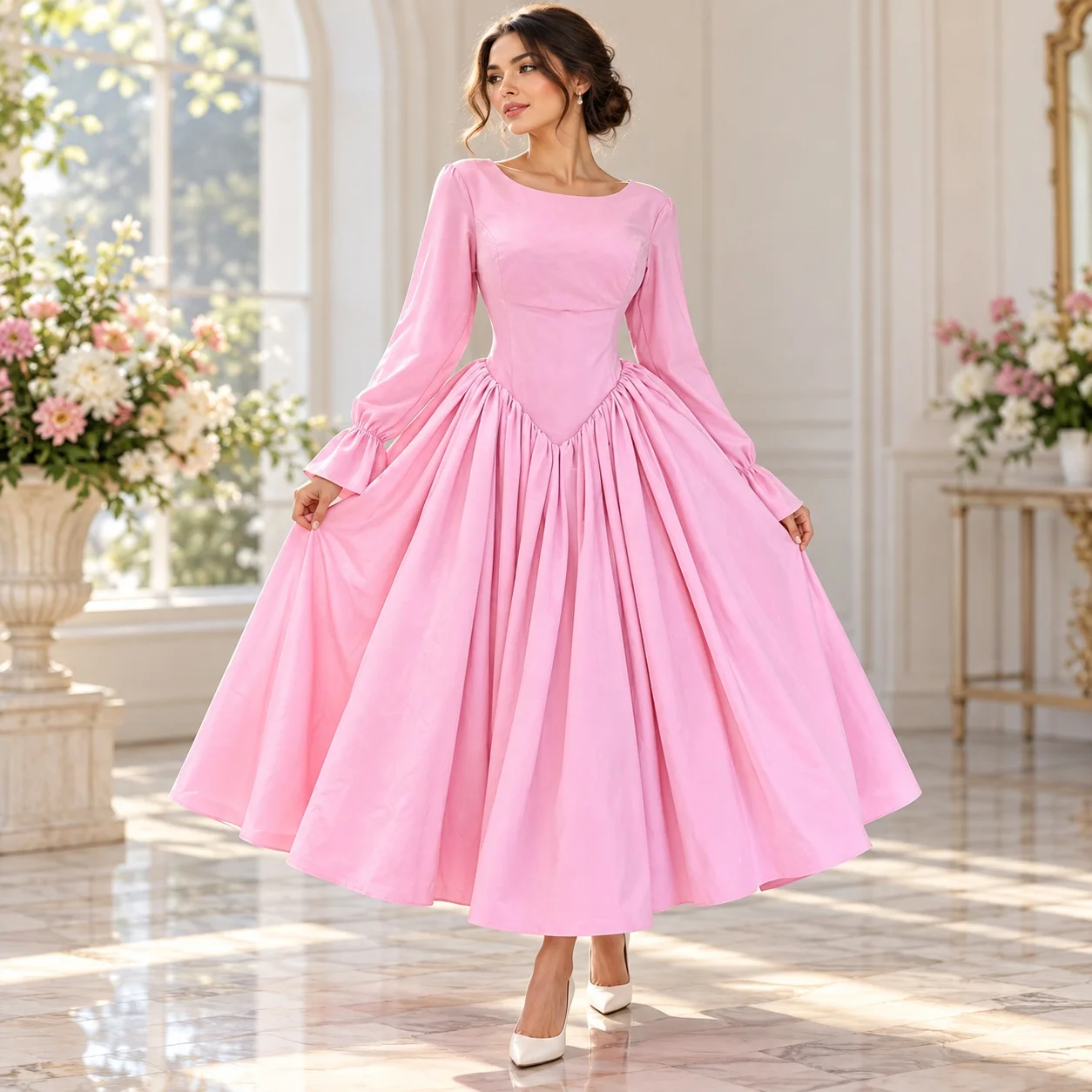 A Line High Waist Dress with Long Sleeve Round Neck Printed Elegant and Refined Slim Fit Maxi Length Summer Dresses for Women