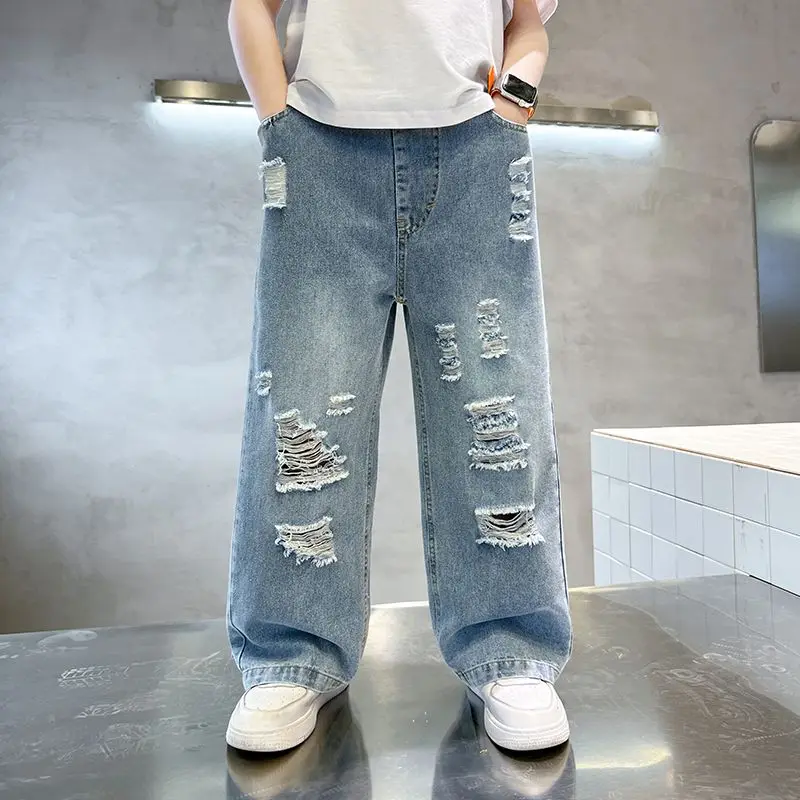

Boys' Summer Distressed Jeans Thin Loose Fit Kids' Trendy Ripped Denim Pants for Ages 8-14
