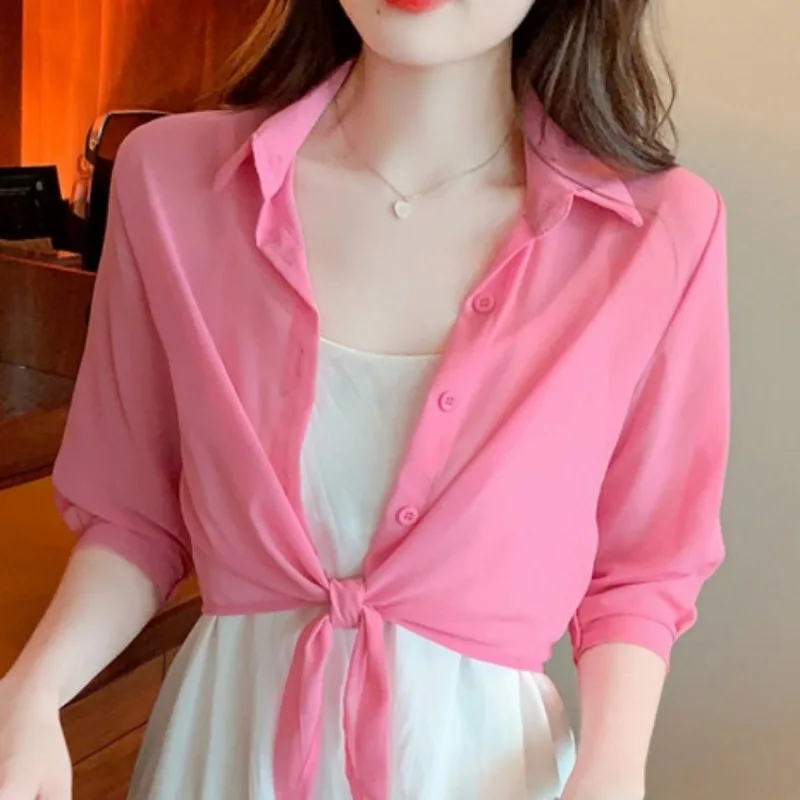 2023 Summer Half Sleeve Buttoned Up Shirt Women\'s Coat Sun Protection All-match Thin Short Sleeve Chiffon Cardigan Female 13556