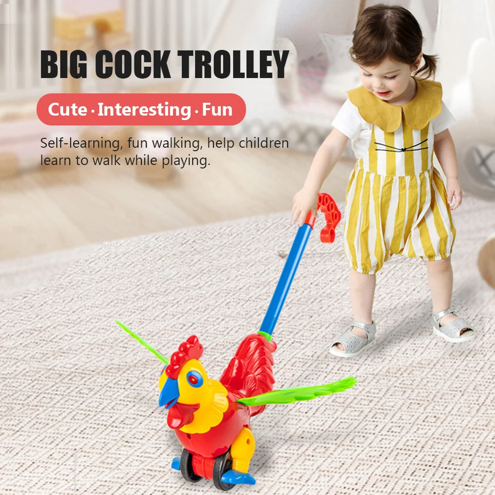 Carrinho de empurrar para bebês, desenho animado engraçado, andador para crianças pequenas, carrinho de aprendizagem, design de galo, alça removível, educacional precoce