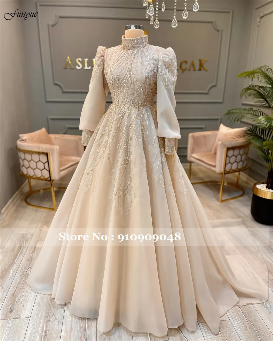 Funyue Luxury Dubai Muslim High Neck Wedding Dresses For Woman Beige Puff Sleeve Sparkly Beads Arabic Wedding Party Gowns 2025