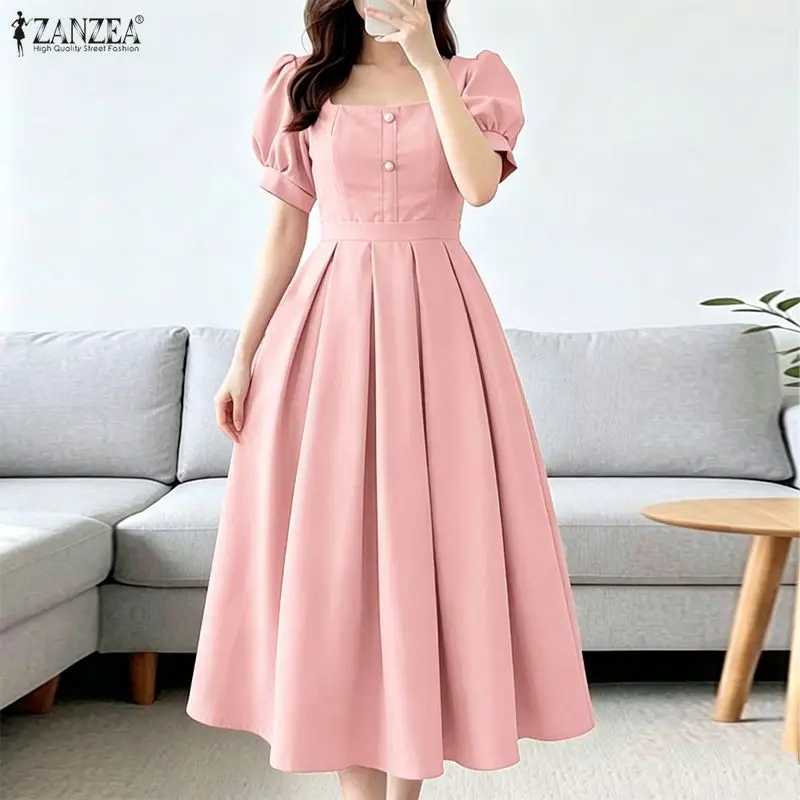 ZANZEA Elegantes Damen-Party-Midikleid mit umgekehrten Falten, quadratischer Ausschnitt, Puffärmel, A-Linien-Kleider, Sommerkleid, Dete Night Vestidos – Detail 9