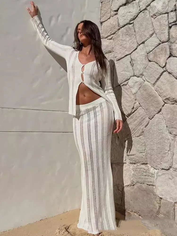 

2026 Women Beach 2 Piece Sets Bikini Cover-Ups Swimsuit Tops And High Waist Skirt Sexy Ladies Swimming Cover Up Bathing Suit