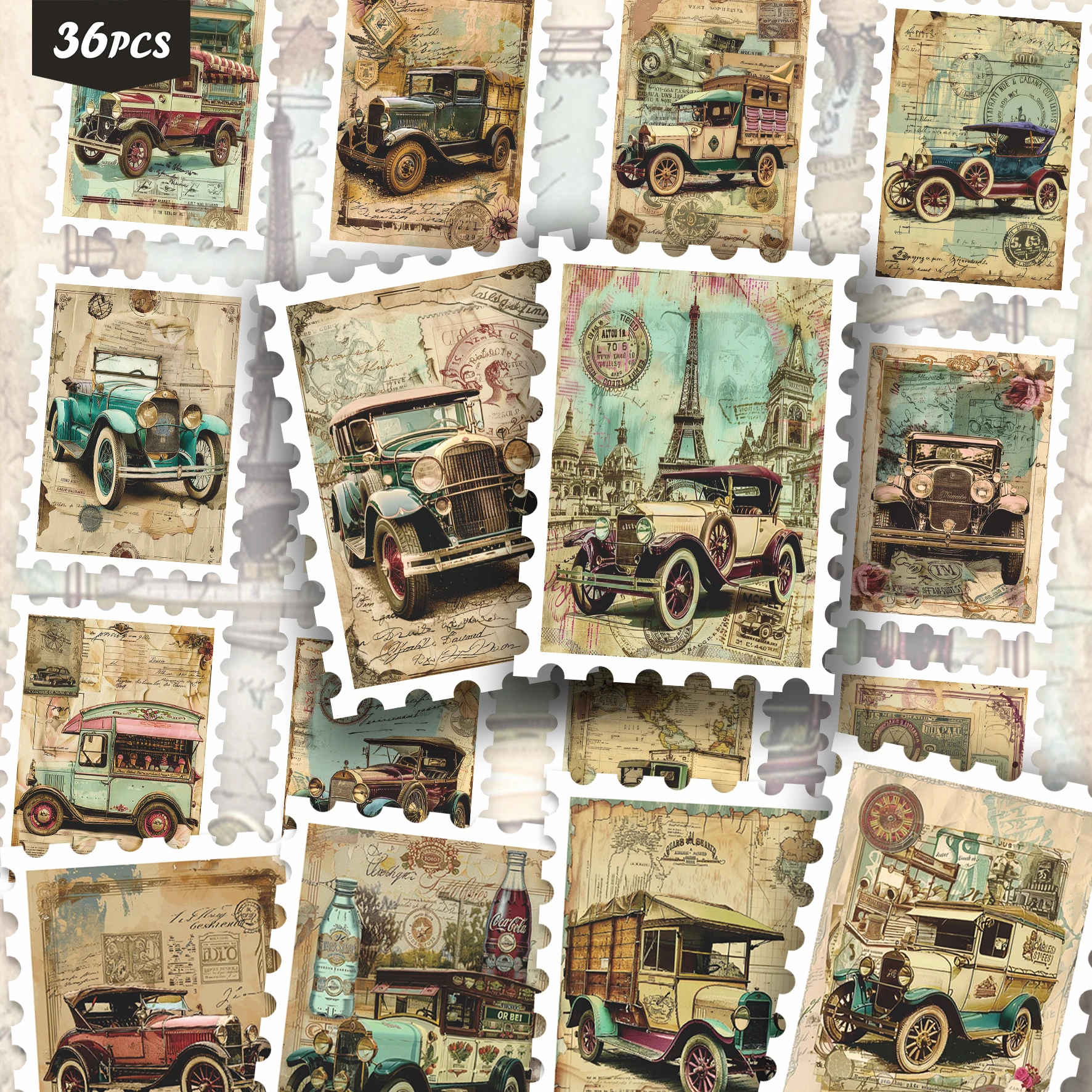36PCS Vintage Travel Car Stickers for laptops, Aged Paper & City Prints, Perfect for Scrapbooking & Notebook Decoration