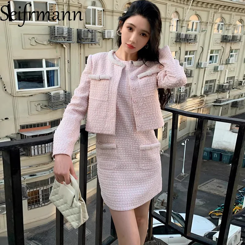 Seifrmann 2026 Spring Women's New Fashion Round Neck Long Sleeve Nail Beaded Coat+Round Neck Sleeveless Dress Two Piece Set
