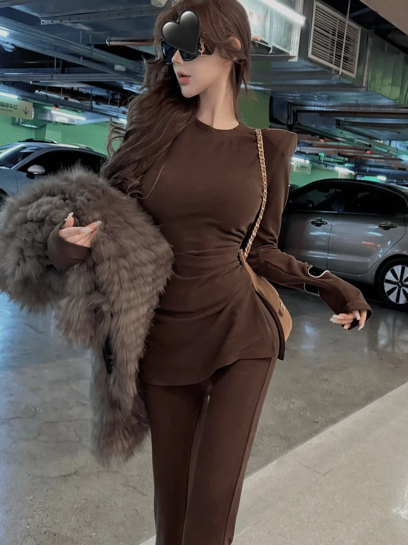 

Korean Design round Ne Waist-Cinching Top And Flared Pants Women's Faion Set Early Autumn High Waist Long Pants Two-Piece...