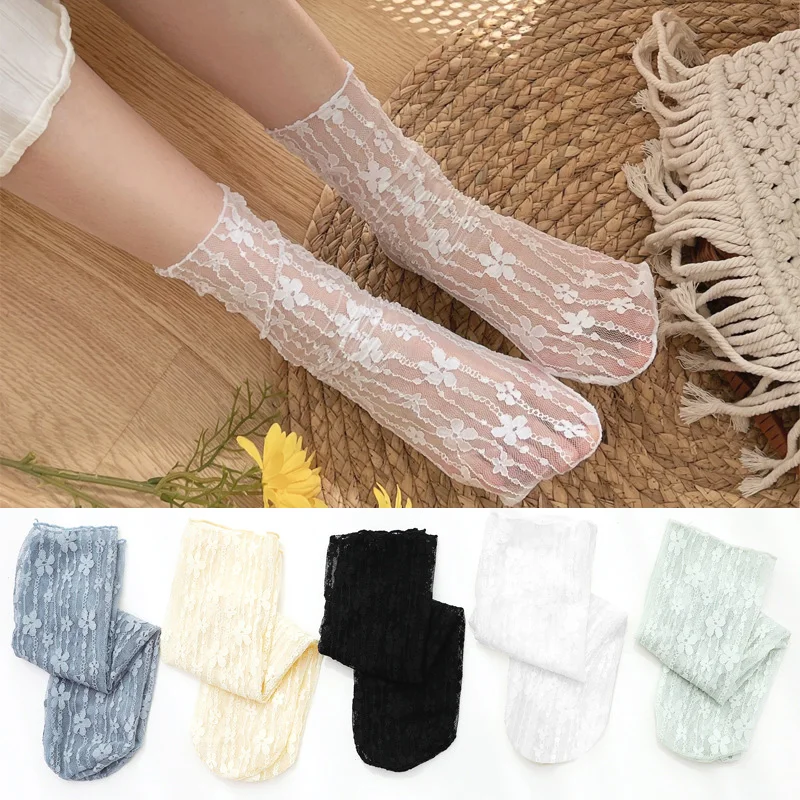 1 para kobiet seksowny koronkowy kwiat ultracienkie przezroczyste letnie styl japoński Hollow Mesh skarpetki załogi Harajuku Retro długie skarpetki Kawaii
