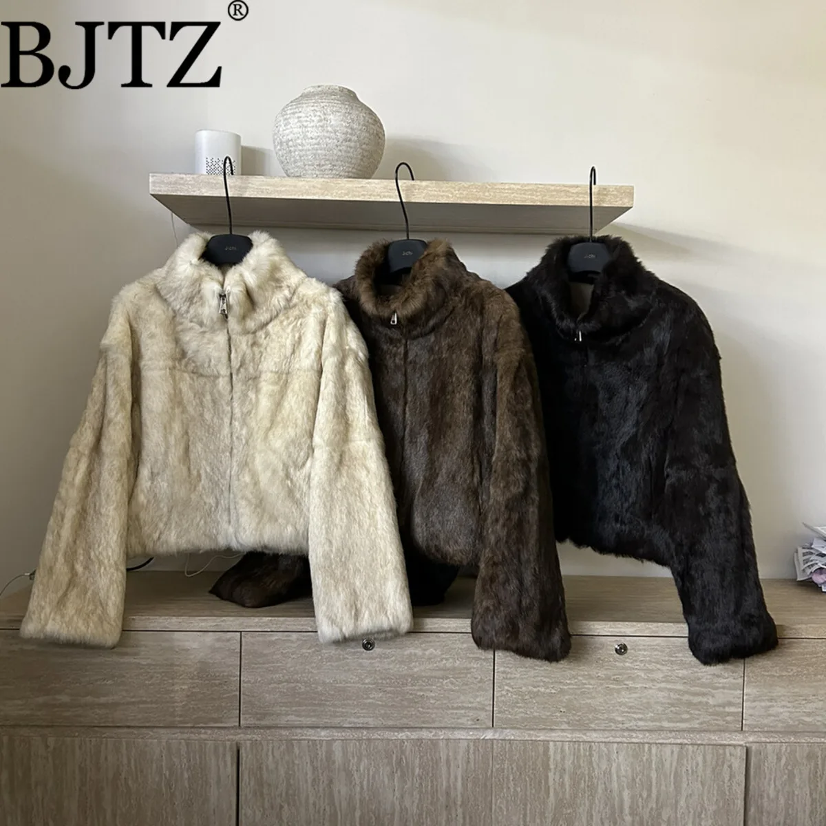 

BJTZ Elegant Women Teddy Rabbit Fur Jacket Short Slim Stand Collar Zipper Office Warm Winter Fashion Minimalist Luxury Coat