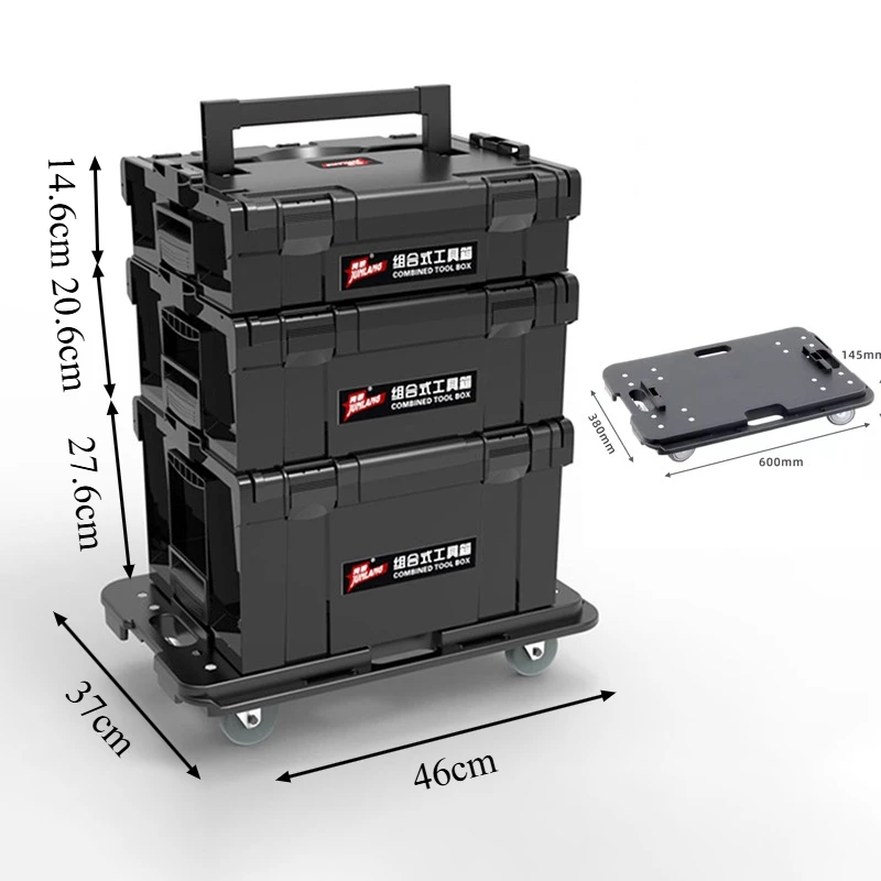 Set Kotak Perkakas Bertumpuk, Kotak Penyimpanan Perkakas Tebal, Portabel, untuk Perkakas Listrik dan Pertukangan, dengan Roda Dorong