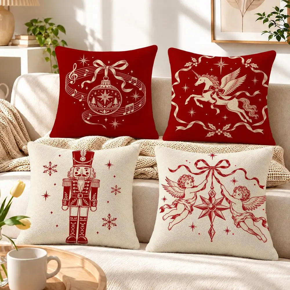 Red Line Christmas Engraving Pattern Set Cushion Cover Soft Short‑Plush Pillowcase, Sofa Bedroom Home Decor, Holiday Gift