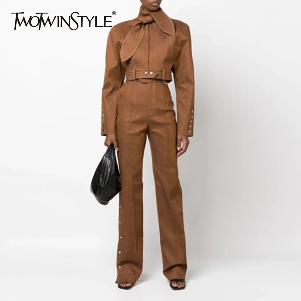 TWOTWINSTYLE Fashion Two Piece Set for Women Stand Neck Long Sleeve Spliced Button Coat High Waist Pants Female Temperament New