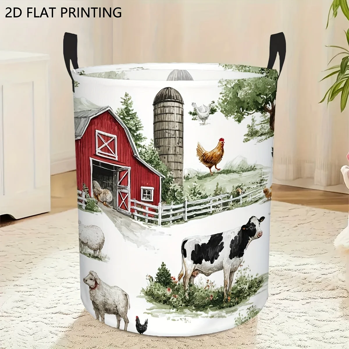 1pc, Foldable Large Capacity Laundry Basket And Storage Hamper with Rustic Farm/Camping Wagon - Lightweight Round
