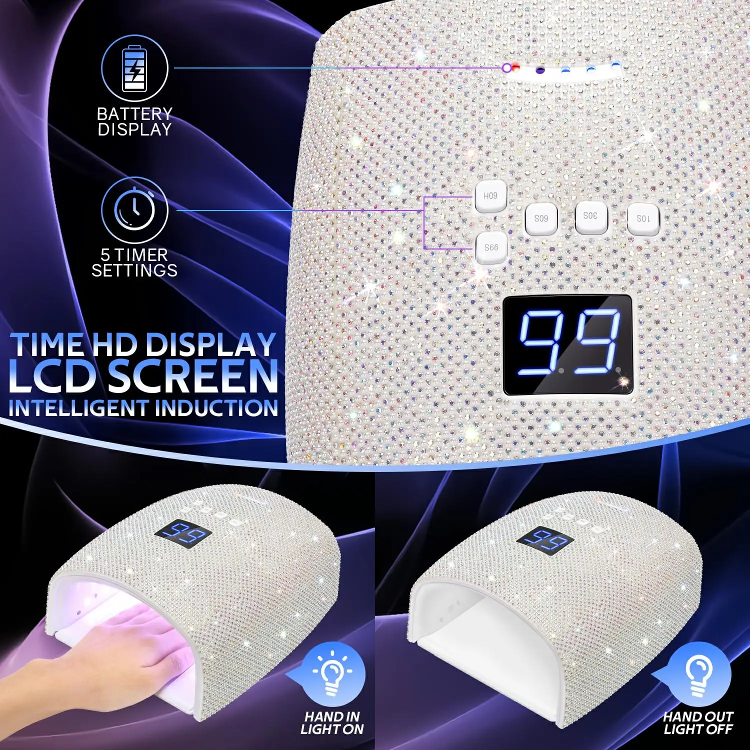 33leds lâmpada do prego com display lcd recarregável uv led lâmpada do prego 66w gel cura lâmpada com design de diamante para uso doméstico manicure