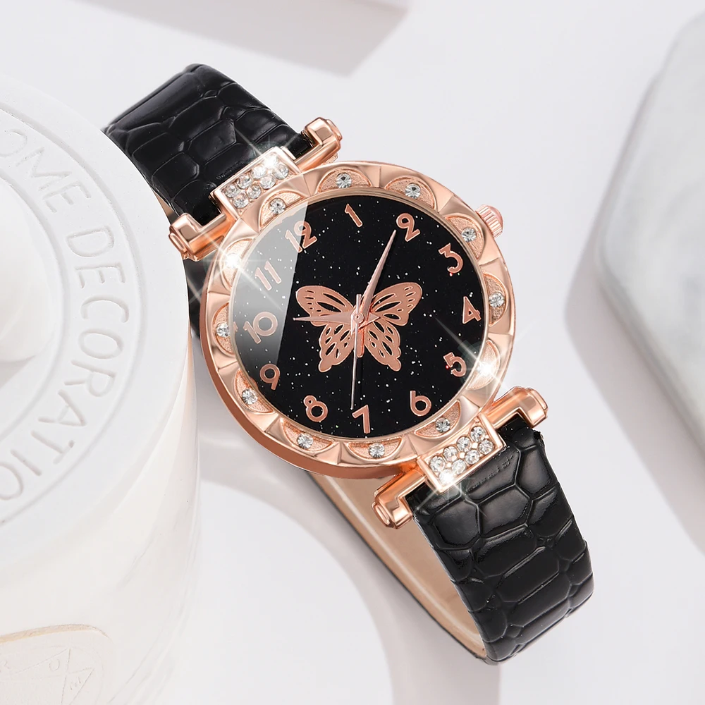 5PCS/Set Black Romantic Quartz Watch Shiny Rhinestone PU Leather Wrist Watch & Jewelry Set Gift For Mom Her Ladies Watch