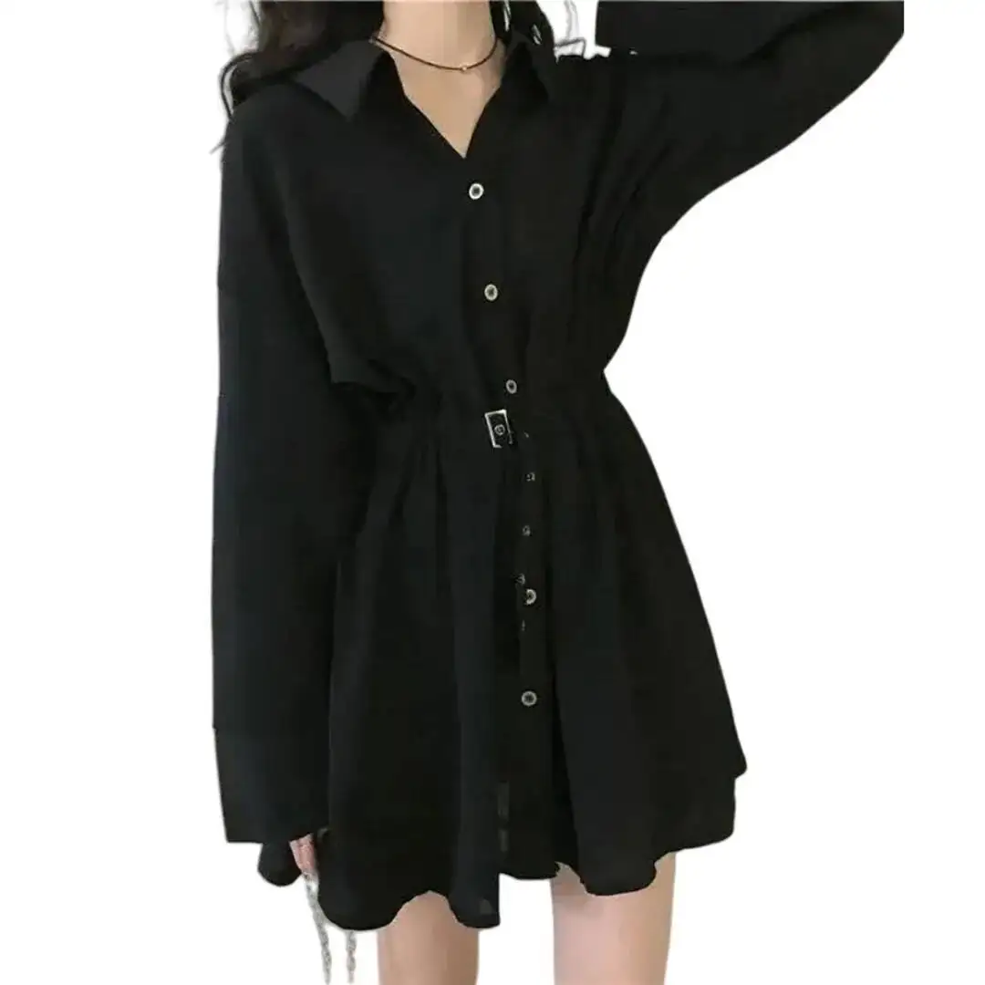 ชุดเดรสสีดําฝรั่งเศส 2025 ฤดูใบไม้ผลิใหม่ผู้หญิงเข้ารูปพอดีเอวชุดเดรสสีดําเล็กๆชุดเสื้อเชิ้ตแขนยาว