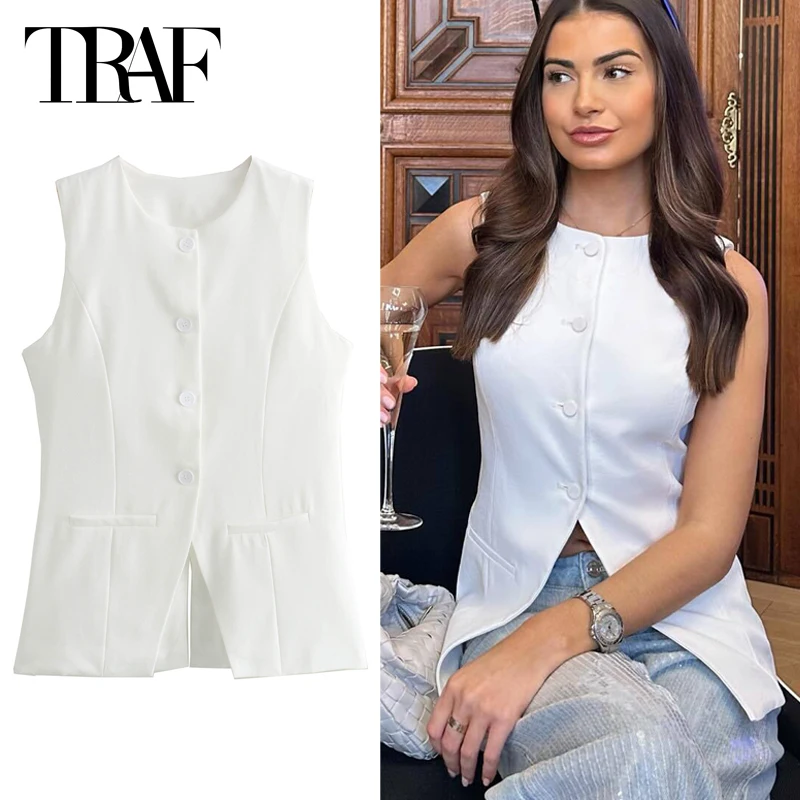 TRAF White Long Vest Women Sleeveless Suit Vest Woman 2024 Summer Button Up Black Vest Slit Casual New In Outerwear Office Wear