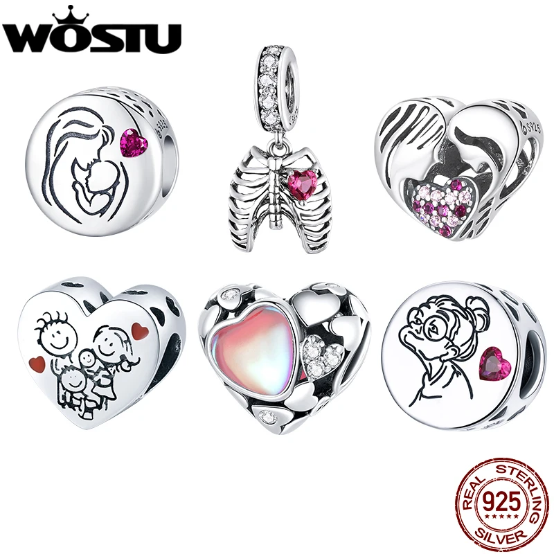 WOSTU 100% 925 Sterling Silver Family Love Charms Beads Pendant Fit Original DIY Bracelet Necklace For Women Fine Jewelry Gifts