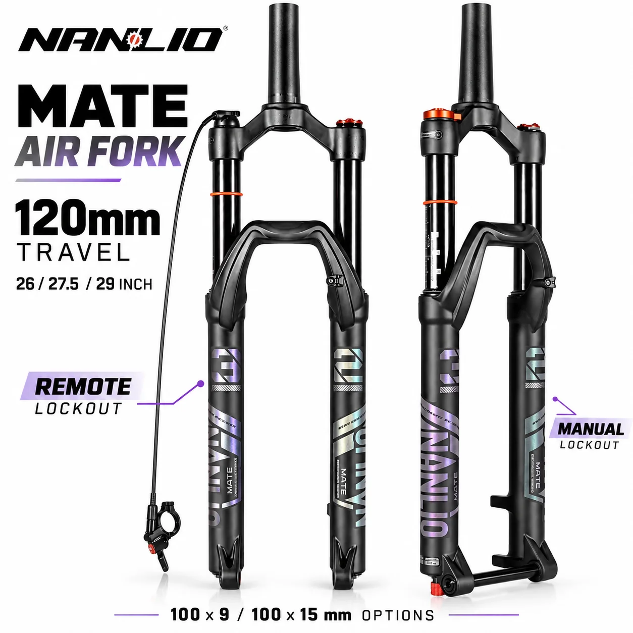 NANLIO MATE MTB Air Suspension Fork 26/27.5/29 Inch 120mm Travel Manual/Remote Lockout Rebound 100x9 QR 100x15 Thru Axle