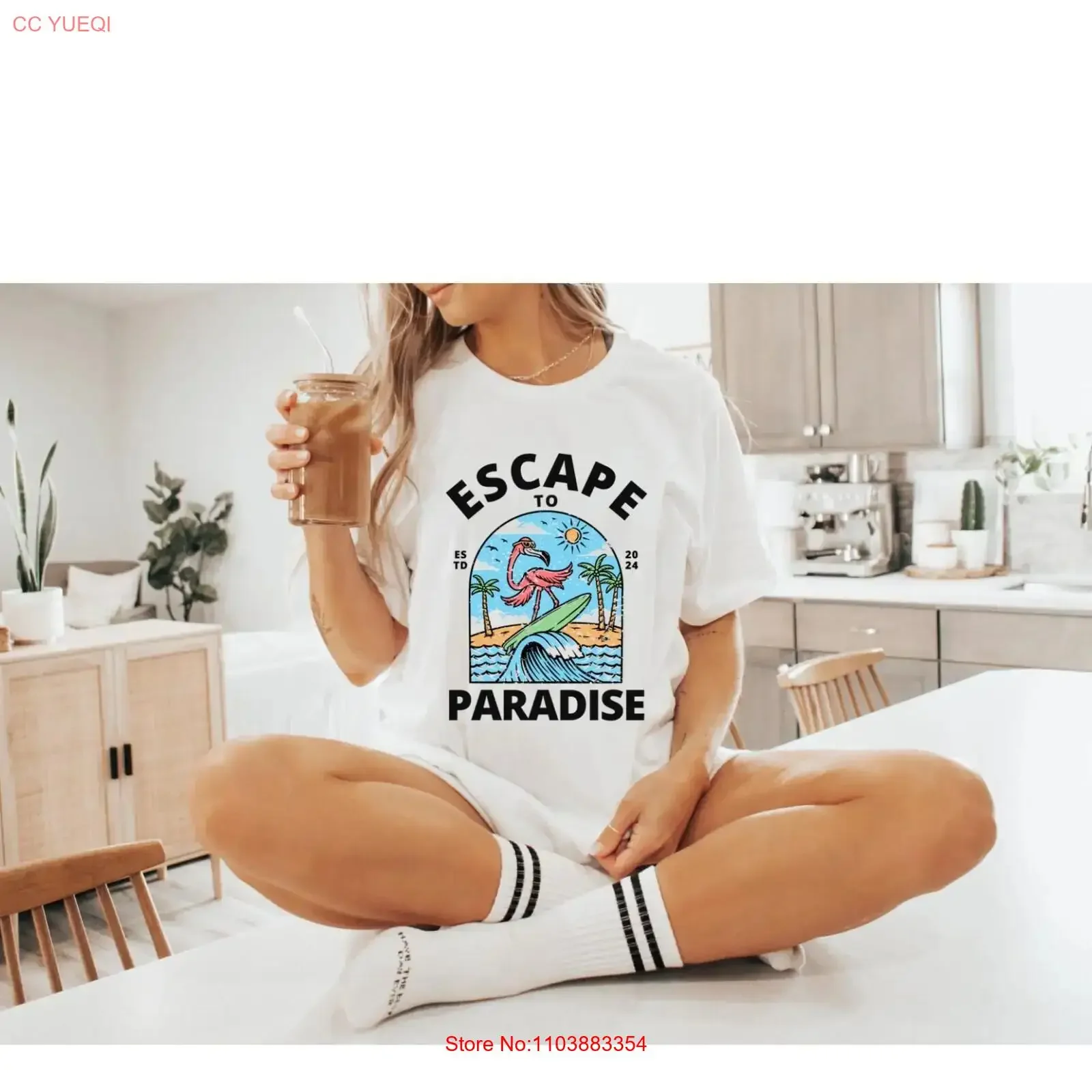 T camisa escapar para paraíso palmeiras surf flamingo ondas oceano sol vintage lavado macio versátil streetwear esticado