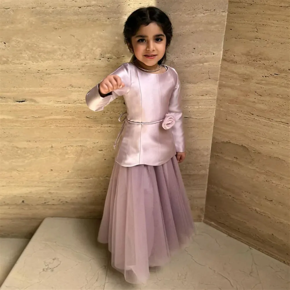 

Customized Elegant Flower Girl Wedding Dress Satin Appliques Full Sleeves Children Birthday Party Prom Bridesmaid Banquet Gown