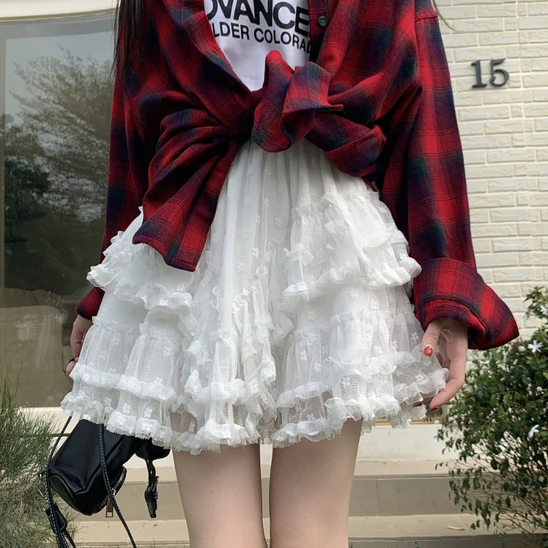 

Sweet Mesh Ballet Skirt for Women 2025 Spring High Waist White Lace Flower Cake Fluffy Mini Skirt
