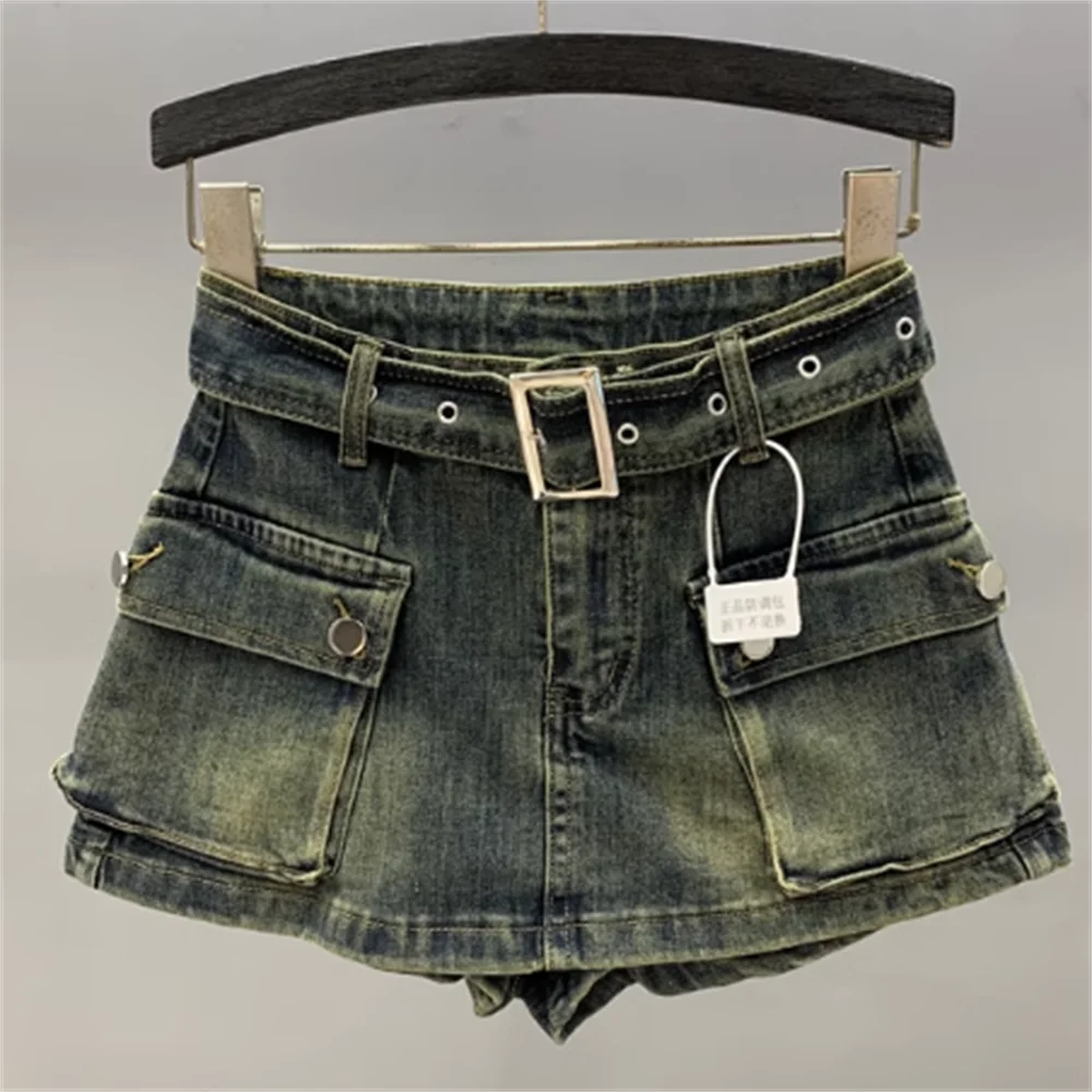 Wash water vintage blue jeans with buttocks stretch skirt girls 23 summer high-waist pocket girls aline short skirt belt