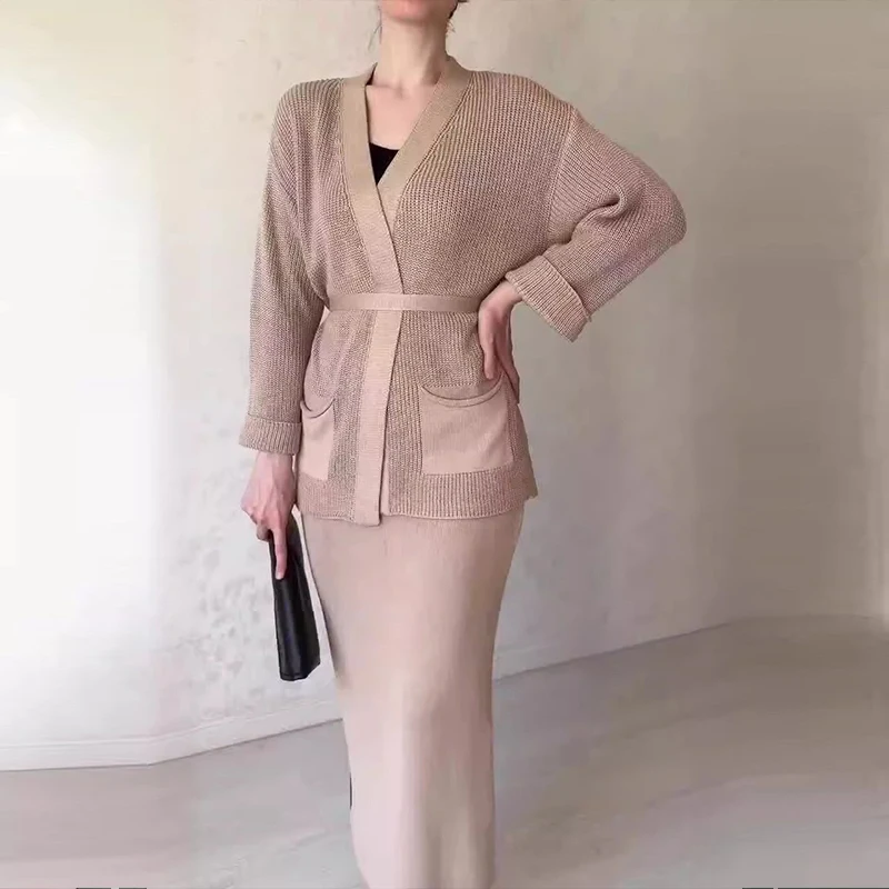 Элегантные трикотажные однотонные юбки, повседневные кардиганы с длинными рукавами и длинные юбки, женские модные разноцветные костюмы из 2