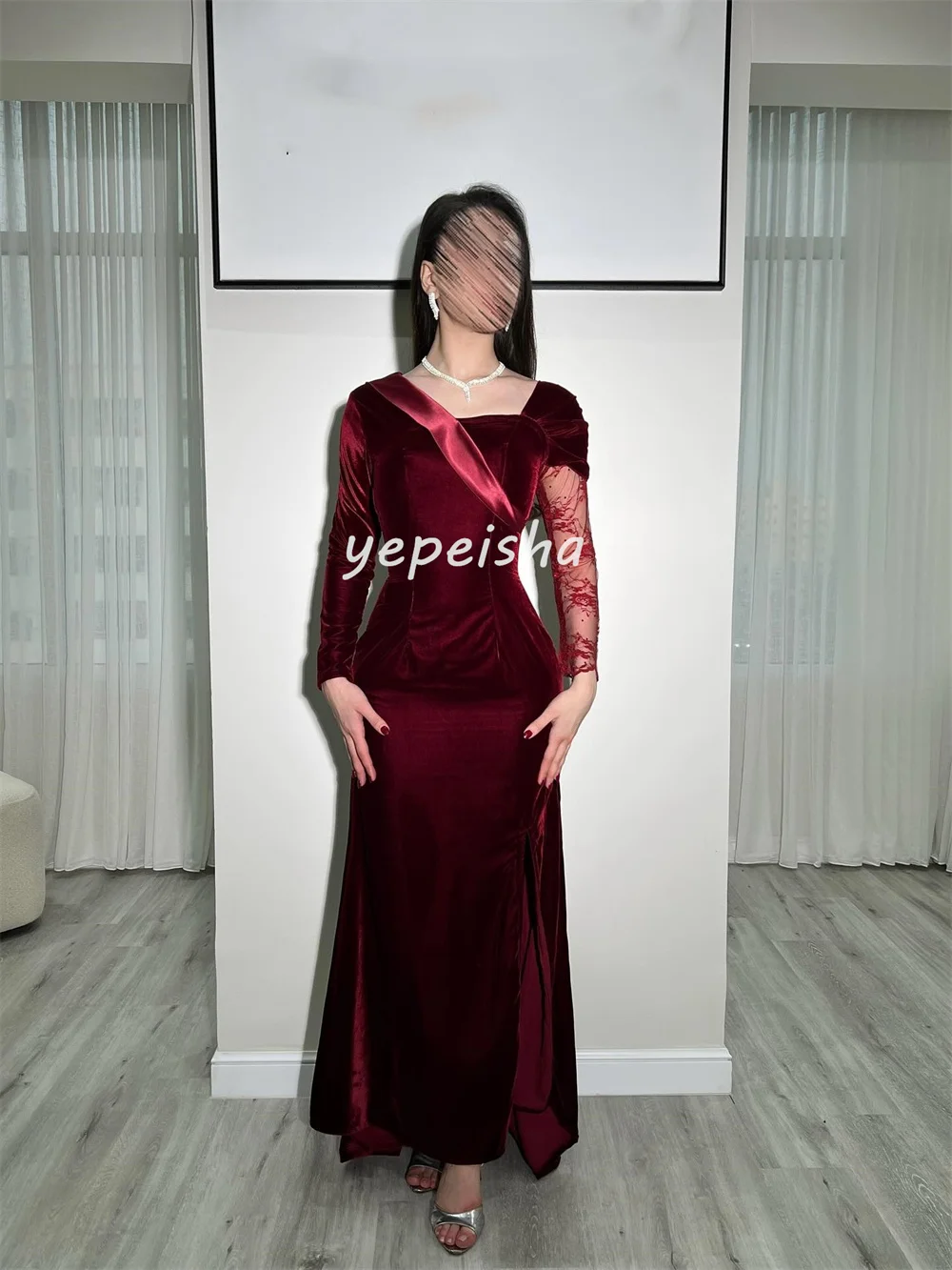 Customized Sexy Fashion Velour Pleat Lace Ruched Mermaid Square Neck Midi Dresses Evening Dresses Exquisite Sizes Available