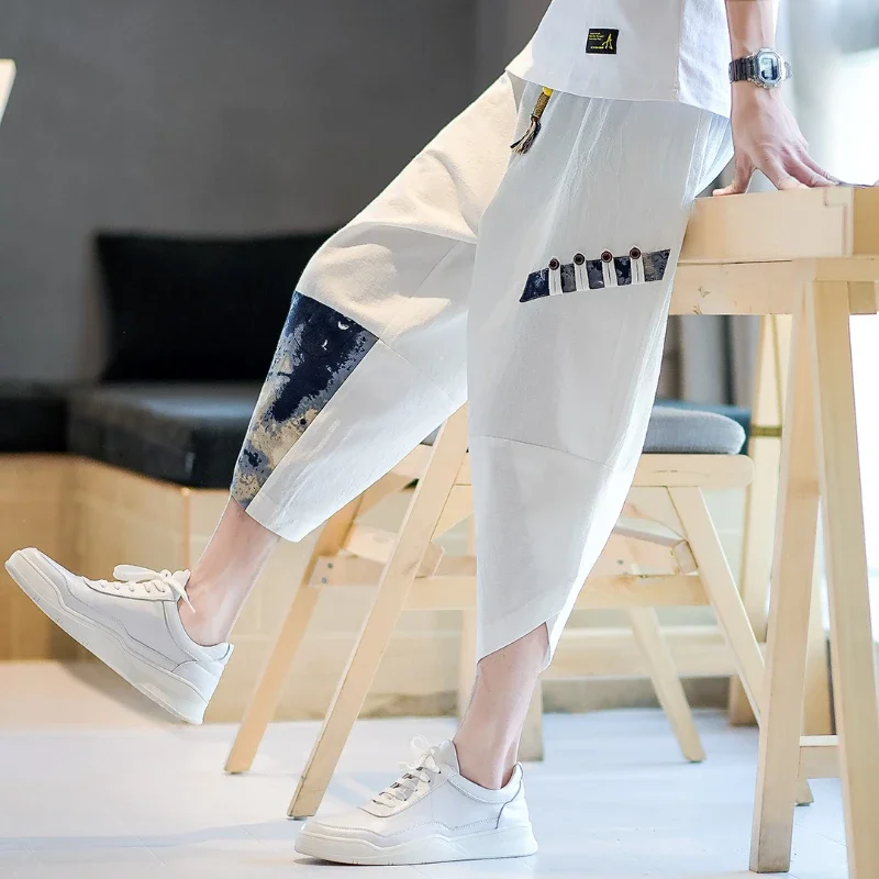 Japanese Kimono Pants Men Cotton Breathable Samurai Clothing Pants Men Loose Print Retro Harem Shorts Harajuku Hip Hop trousers