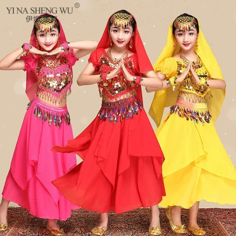 Childrens Belly Dance Costume Girls Indian Performance Outfit Bollywood Practice Clothes Set For Kids Party Celebration Hallowee