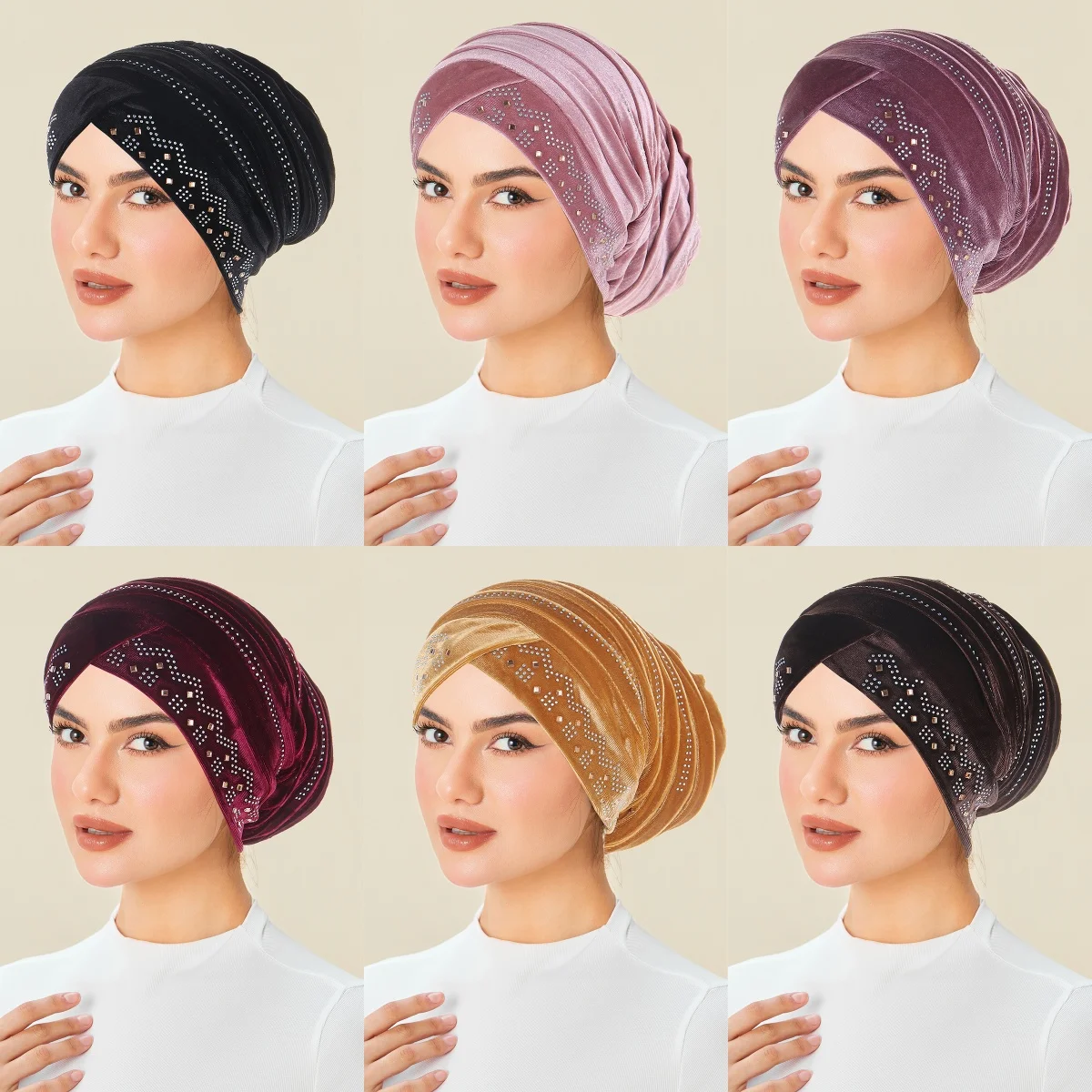 

Новинка 2025 года, плиссированные шапки-тюрбаны с блестками и бриллиантами для женщин, повязки на голову, мусульманский платок, капот, женская шапочка-пуловер, кепка
