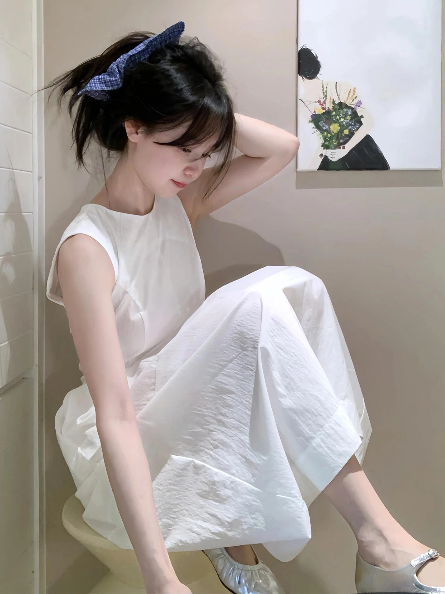 

White Svel Vest Dr Women's Ele High Waist Long Skirt Korean Sle Soft Comfortable Polyester Fiber A-Line Dr