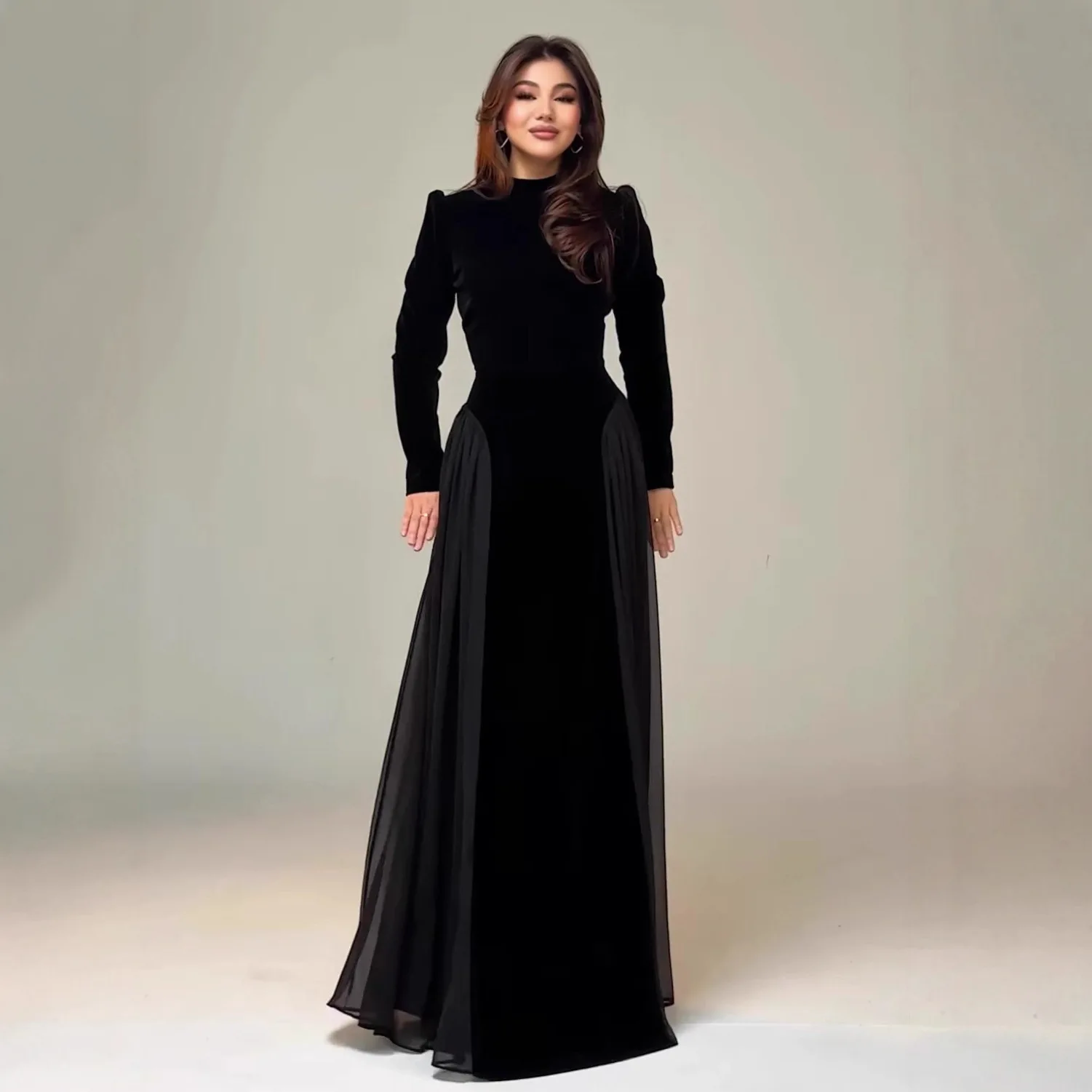 Women's Velvet Chiffon Paneled Long Dress - alternate angle
