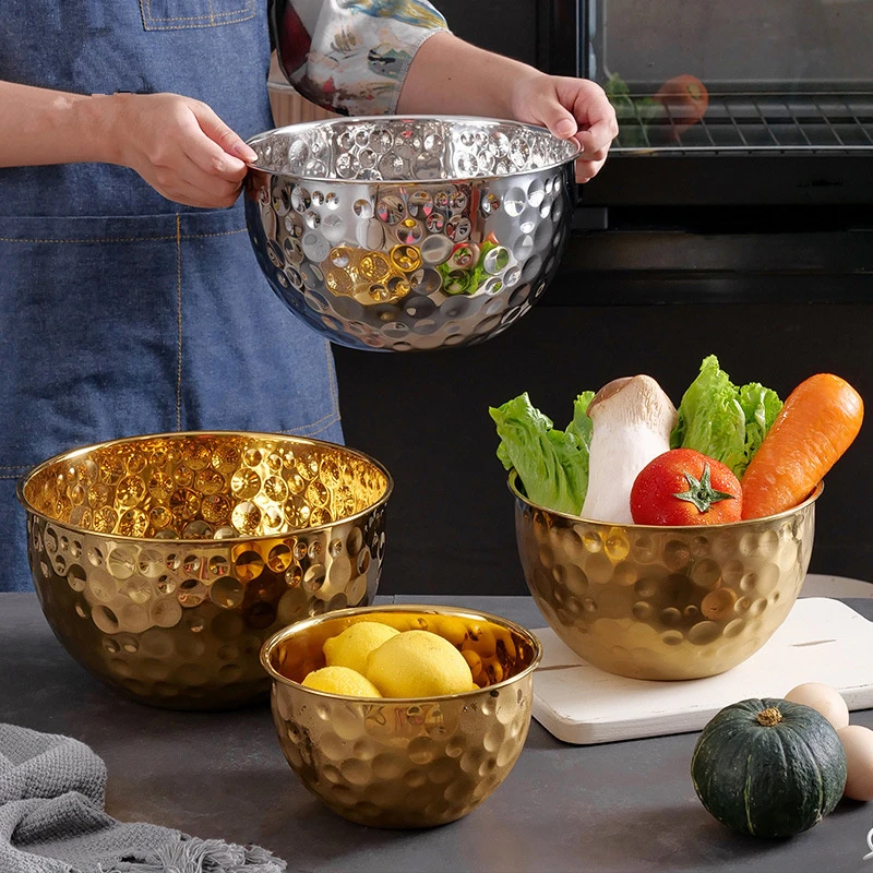 Stainless Steel Hammered Salad Bowl Deepened Beat Egg Basin Thickened Fruit Bowls Mixing Bowl Kitchen Tableware