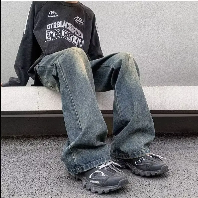 

Осенне-зимние мужские джинсы больших размеров, свободные прямые брюки, длинные штаны в уличном стиле, ретро-американский дизайн для пар