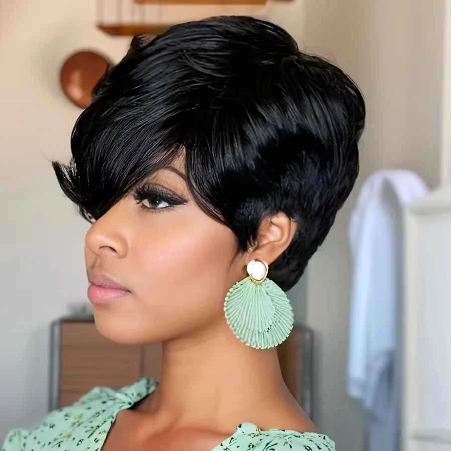 Short Straight Pixie Wigs Human Hair 100% Natural Realistic Pre Plucked Brazilian Hair Full Machine Made For Women Daily Style