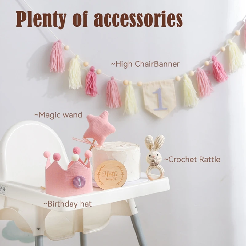 Baby Wooden Milestone Card Tassels Banner Crown Headband Hat Star Stick for Kids Birthday Party Decoration Set Photography Props