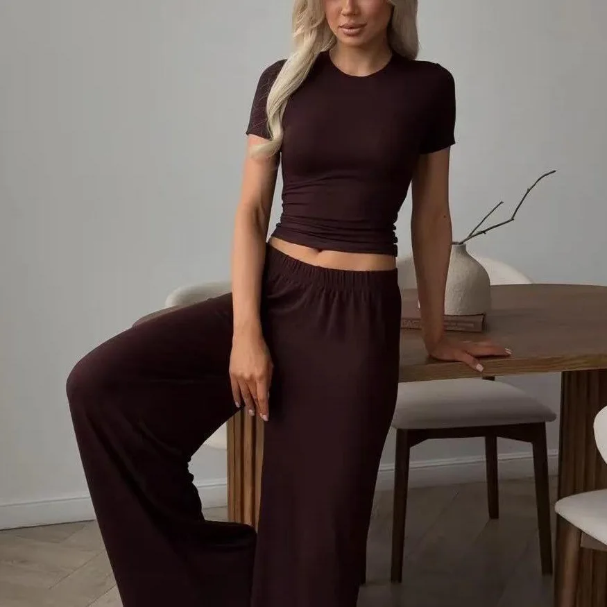 

2 Pcs Women Sets 2026 Best-selling Solid Color Basic Knitted Short-sleeved T-shirt + Long Pants Two Pieces Set Women's Clothing