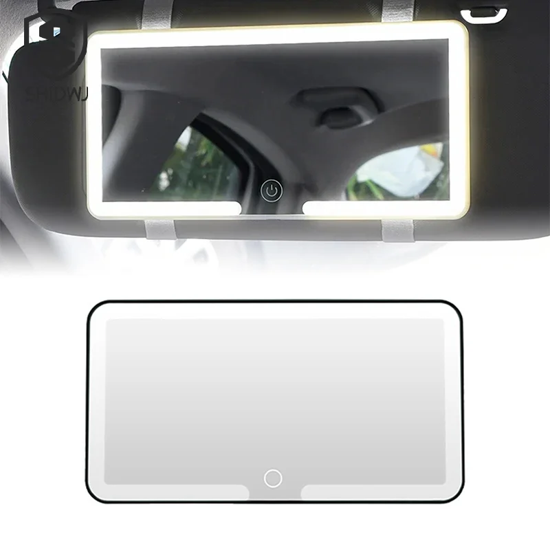 

1 шт. автомобильное светодиодное зеркало для макияжа с тремя передачами, солнцезащитный козырек, внутренние задние зеркала с регулируемой яркостью, сенсорный экран, автомобильное косметическое зеркало