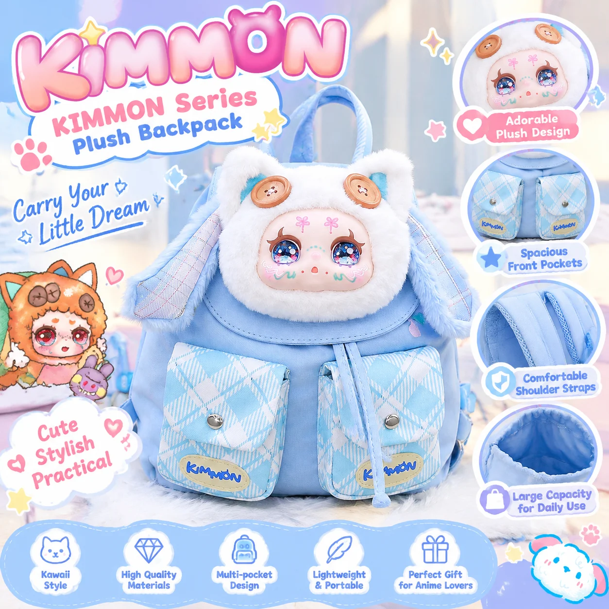 Kimmon Cute Cartoon Plush Backpack Lightweight Travel Daypack Casual Shoulder Bag For Women Outdoor Daily Use
