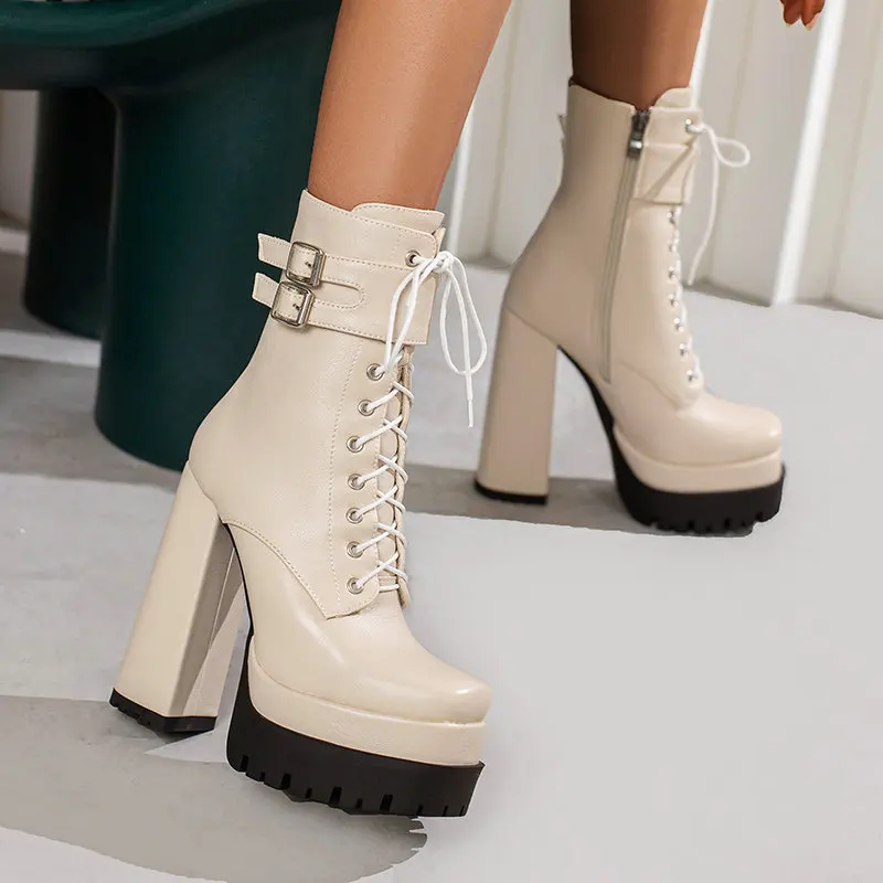 Mature Elegant Ladies Office Pumps Lace-up Double Platform Goth Ankle Boots Buckle Belt Designer Women Winter High Heels Shoes