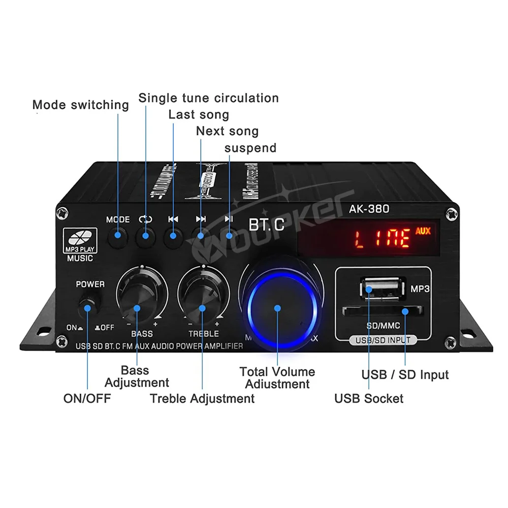 Woopker 디지털 오디오 앰프, 블루투스 파워 앰프, Hifi 베이스 FM 음악 서브우퍼 미디어 플레이어, USB AUX 입력 지원, AK380, 800W