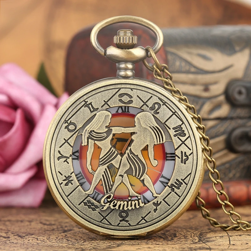 Antique Hollow Twelve Constellations Theme Quartz Analog Pocket Watch Roman Numeral Display Pendant Chain Watch Birthday Gift