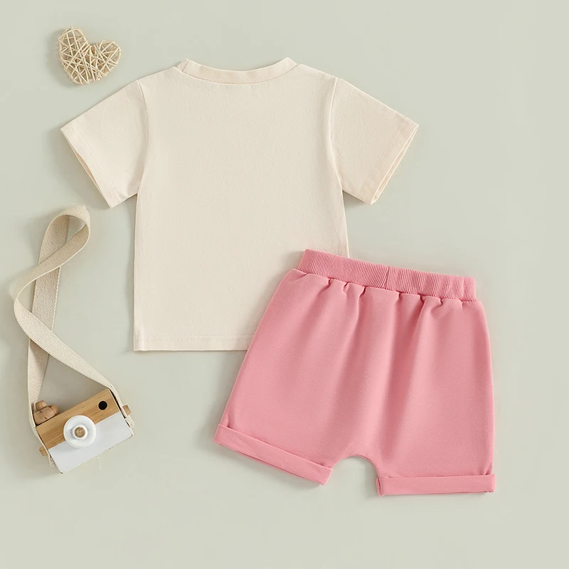 Conjunto de roupas de verão para bebês meninas com estampa de letras, camiseta de manga curta e shorts com cordão e bainha enrolada, roupas fofas de 2 peças