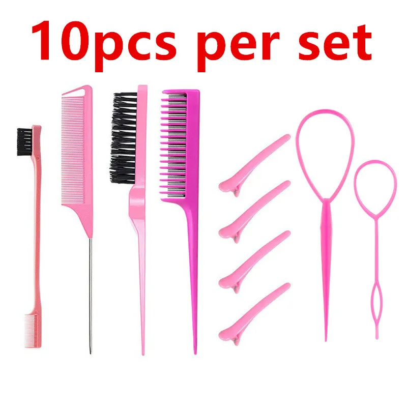 

10 Pieces Hair Styling Comb Set Teasing Hair Brush Triple Rat Tail Combs Edge Brush Braid Tool Loop with Hair Clips