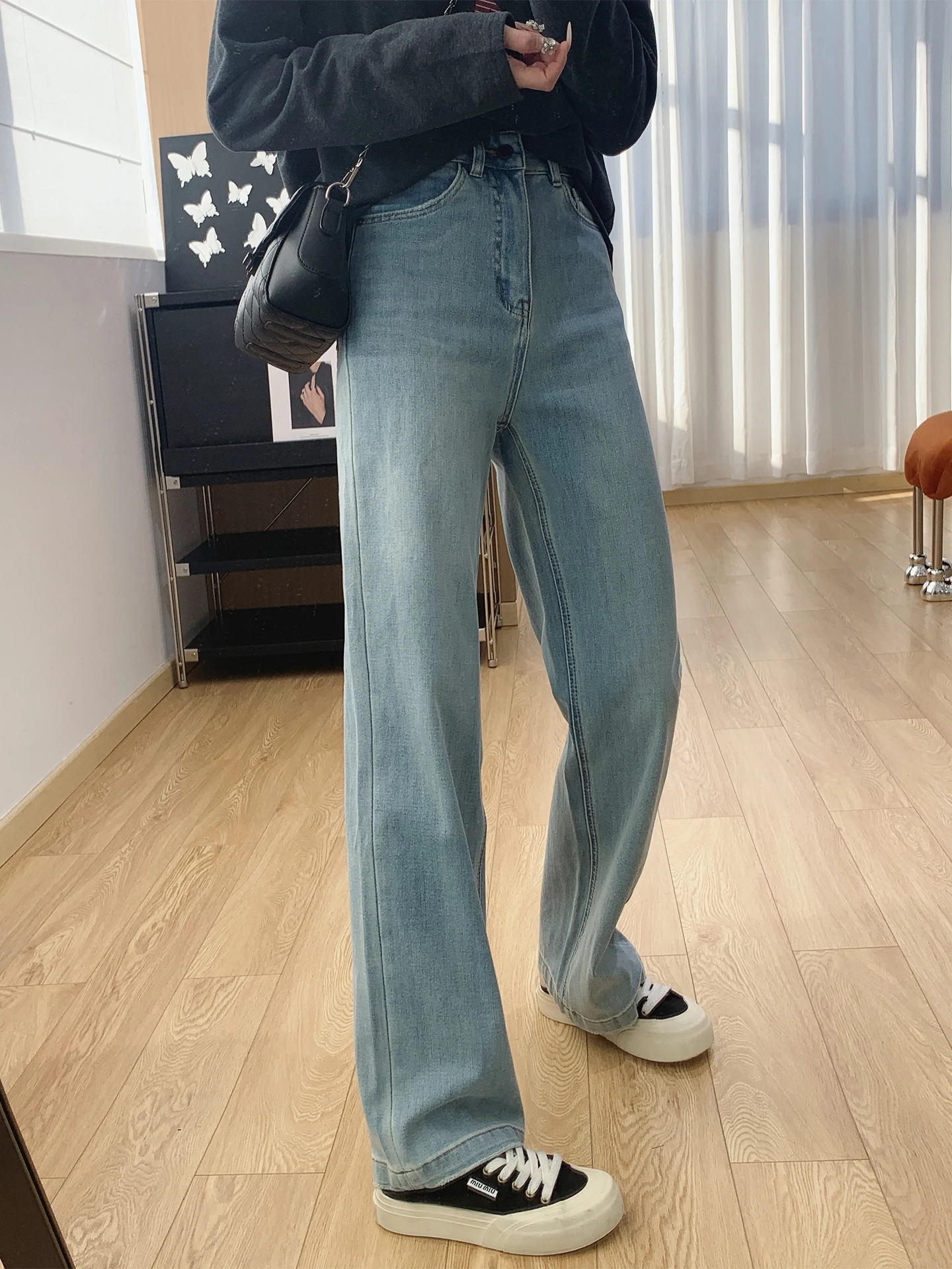 

High Waist Straight Leg Jeans Women's Slim Fit Wide Leg Pants Four Way Stretch Cotton Spring Season Ladies Faion